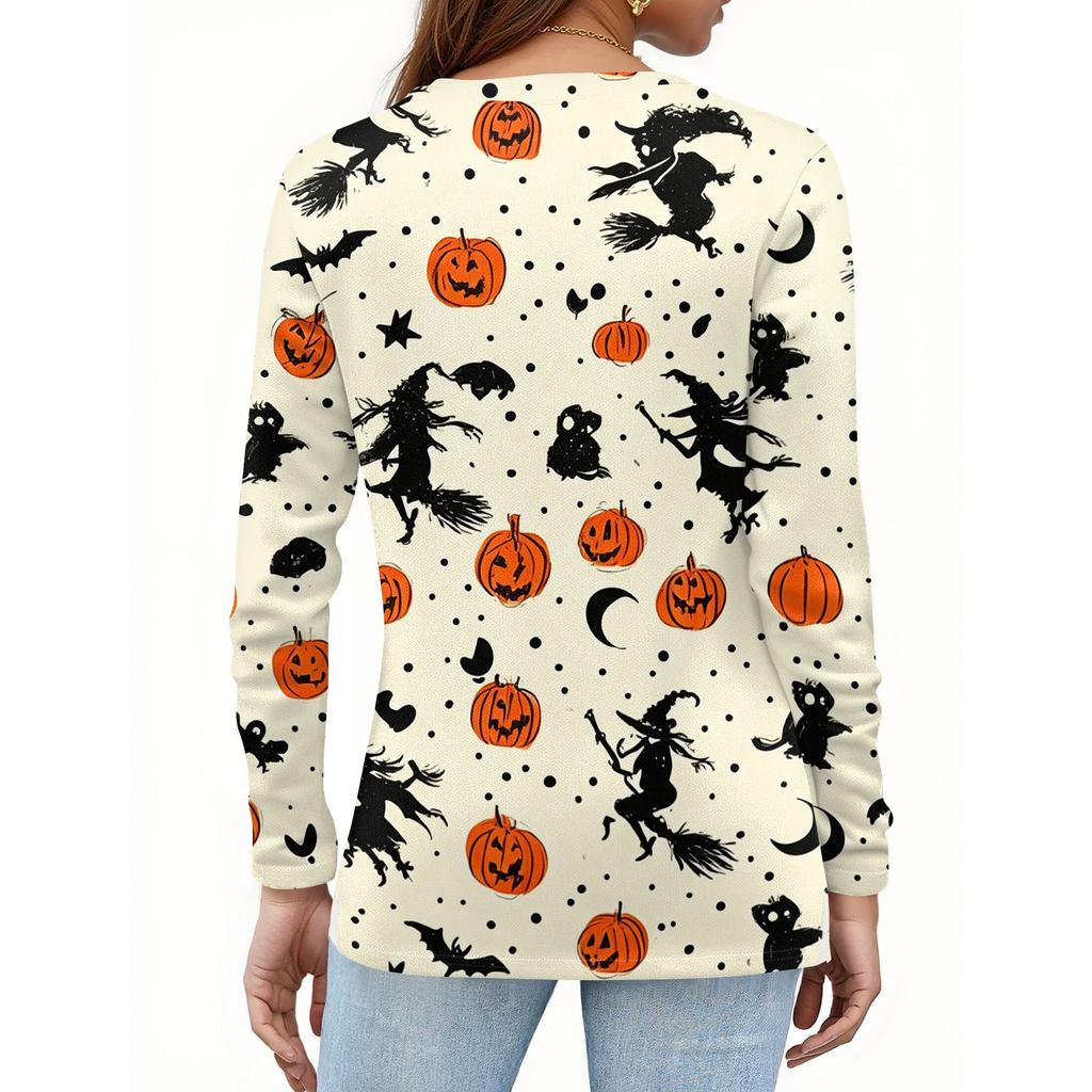 Women's Fashion Casual Halloween Printed V-Neck Button Trim Long Sleeve T-Shirt Top