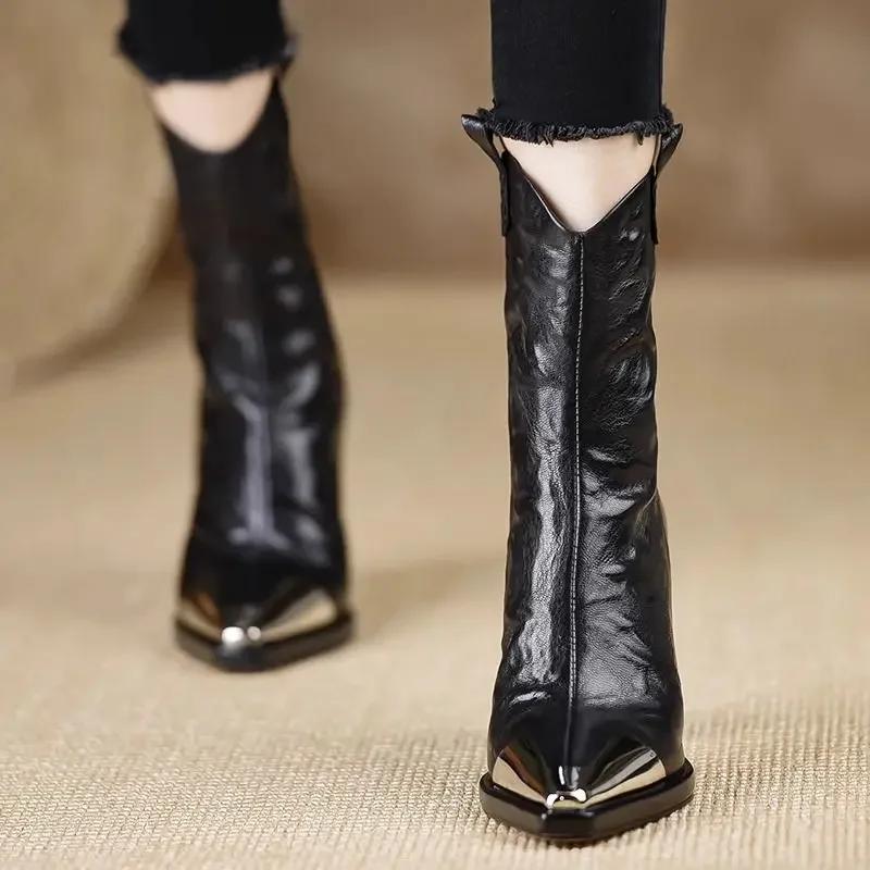 Vintage Metal Pointed Toe Women Ankle Boots Fashion Elegant Zippers Shoes Autumn Winter Square Heel Laides Modern Short Booties