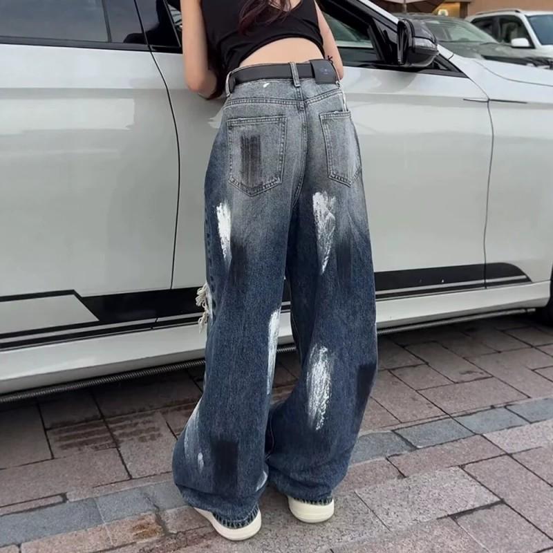 Womens Vintage Distressed Jeans High Waist Straight Wide Leg Pants 2026 Streetwear