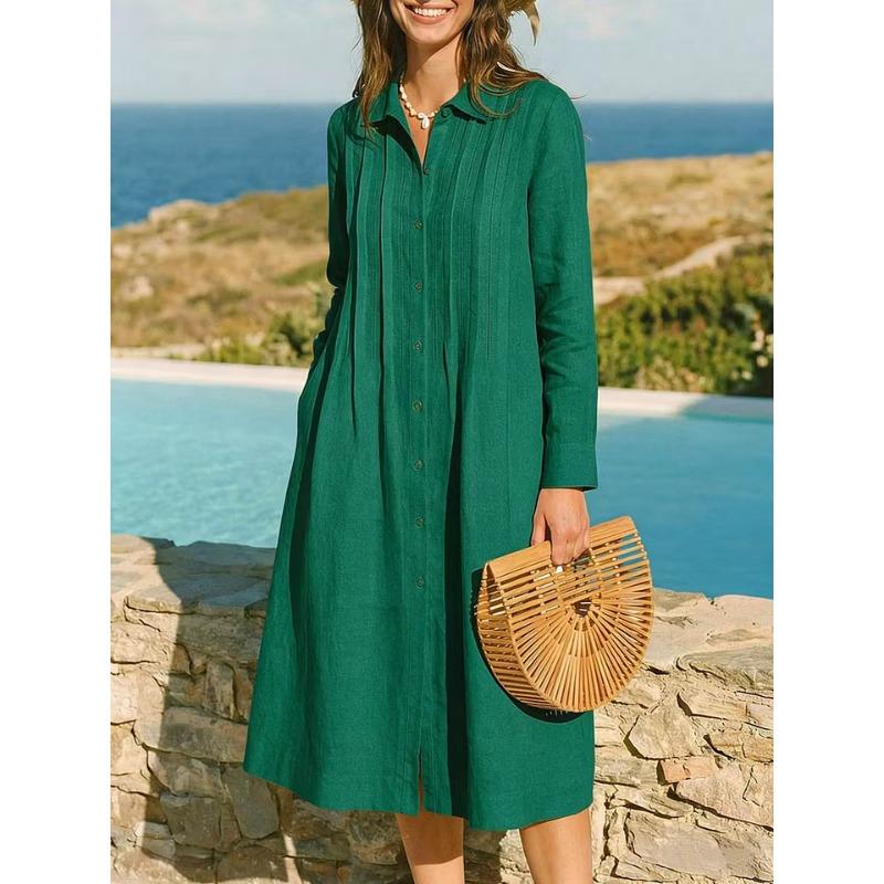 JPNTKY Fashion Summer Spring Solid Color Print Long Sleeve POLO Neck Casual Dresses