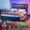 Bed 140x190 CM met 4 Lades - NHHF - met LED en USB - Boxspringbed met Opbergruimte - Tweepersoonsbed met Boxspring - Metaal - Grijs