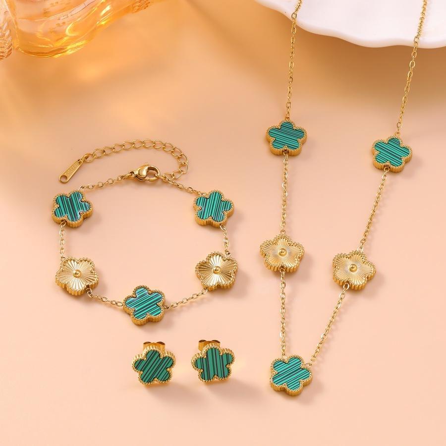 Edelstahl Glück Fünfblättrige Blume Halskette Ohrringe Armband Set für Frauen Freundin Geschenk Schmuck