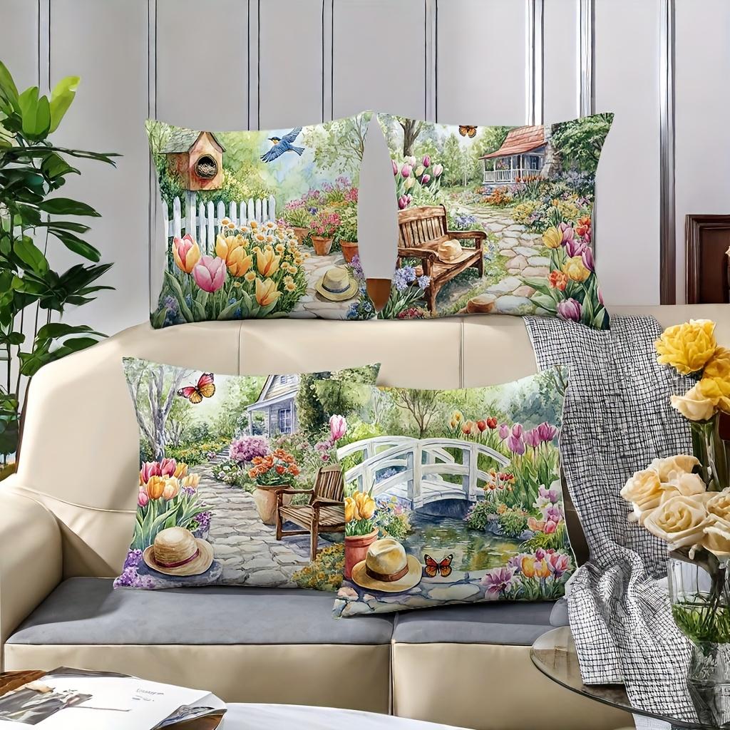 4Pcs Spring Flower Scenery Single-Sided Printing Short Plush Suitable For Living Rooms Bedrooms Sofas (Excluding Pillow Cores)