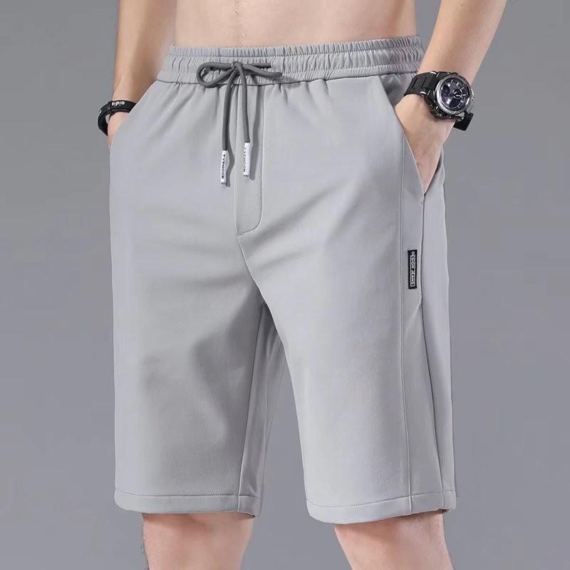 Summer Men's Casual Shorts Elastic Drawstring Waist Straight Wide Leg Shorts Pockets Ice Silk Solid Color Sport Shorts