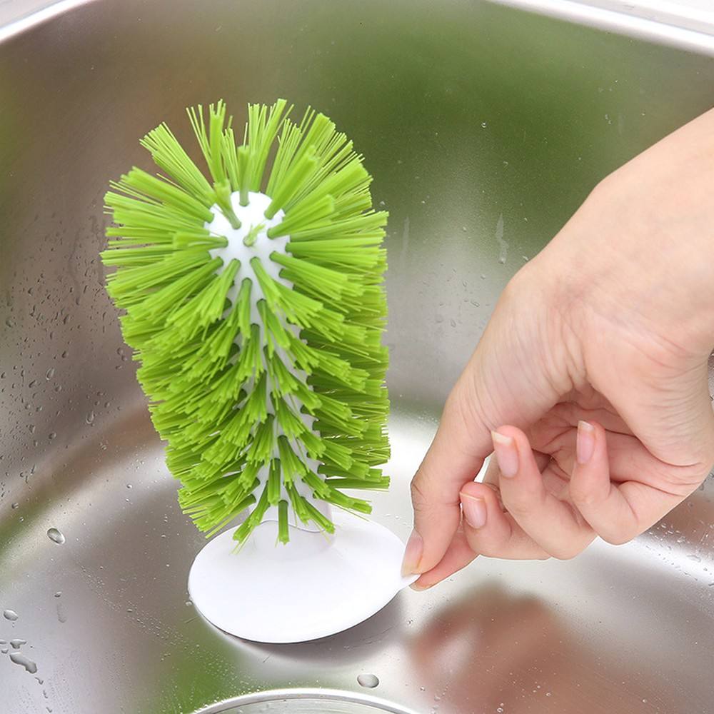 Benutzerdefinierte Glasreinigungsbürste mit Saugnapf, aufrecht stehend im Spülbecken, Borstenbürste, Küchenflaschenreinigung, Waschen