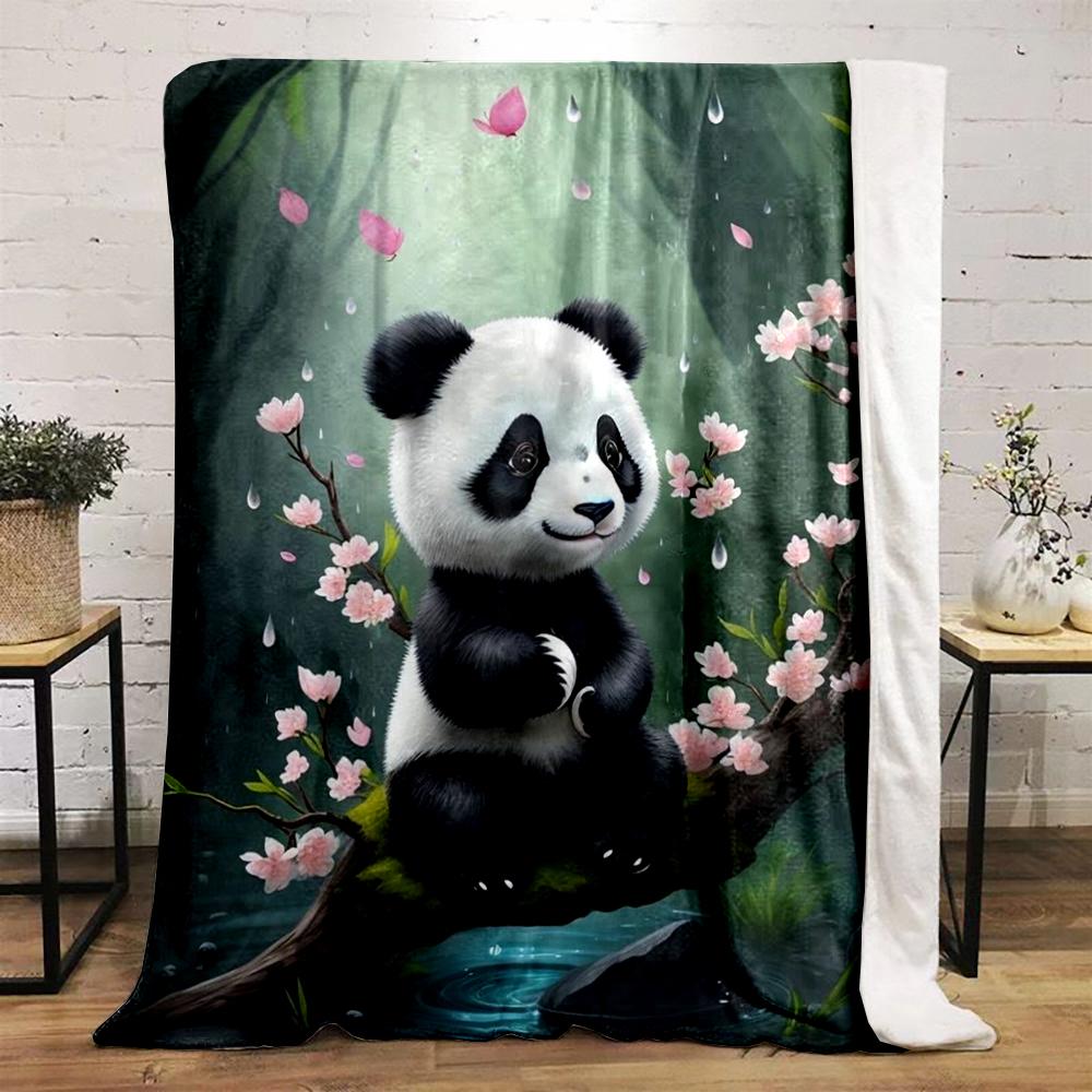 Cute Panda On Cherry Blossom Tree Design Flannel Blanket for Bedroom, Living Room, Sofa, and Nap Sofas