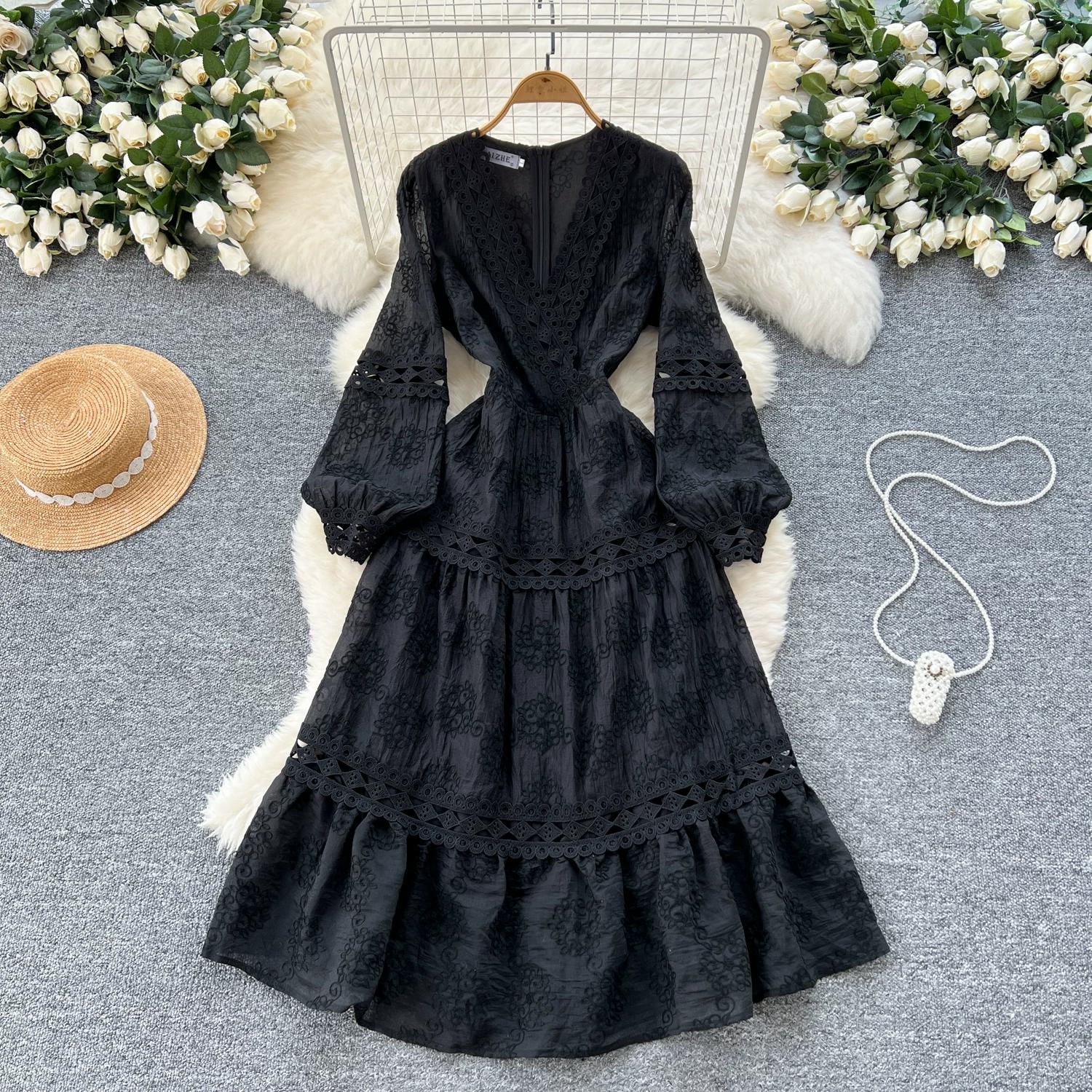 

Embroidery Formal Luxury Evening Dress Women Spring Autumn V-Neck Crochet Hollow Out Long Sleeve Lace Maxi Dresses Party Dress 2XL чорний
