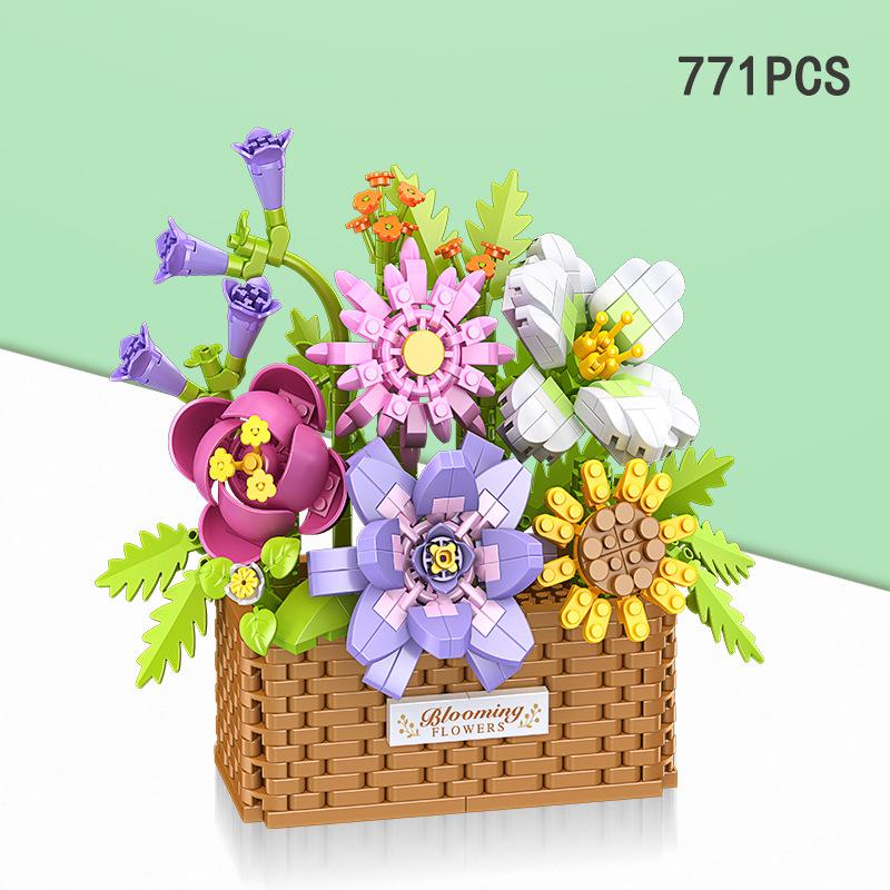 

Diy Sunflower Rose Bouquet Potted Plant Creative Flower Basket Assembly Of Building Brick Set Home Decoration Children Gift (As shown-16340)-
