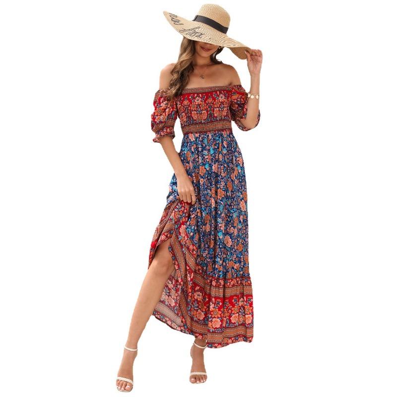 Bohemian Puff Sleeve Off Shoulder Midi Beach Vacation Dress For Women