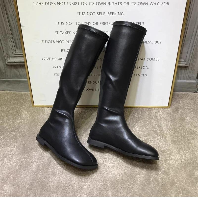 Fashion Street Style Stretch Women Knee High Boots Fashion Elegant Square Toe Shoes Women's Modern Flats Long Booties