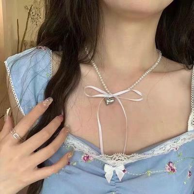 Sweet Cool Style Ribbon Bow Love Pearl Necklace Female Niche Temperament Collarbone Chain Neck Chain Choker Accessories Female