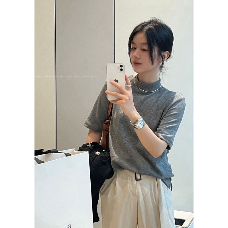 Kumikumi Basic Model French style Half-high Collar Half Sleeve T-shirt Women clothes Autumn Slimming Versatile Solid Inner wear Top