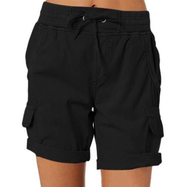 

Summer Casual Cargo Shorts for Women High Waist Adjustable Drawstring Solid Color Daily Wear with Pockets S чёрный