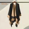 Women Warm Shawl Wrap Fall Winter Double-Sided Open Front Cape with Color Contrast Multiple Ways to Wear Poncho Sweater