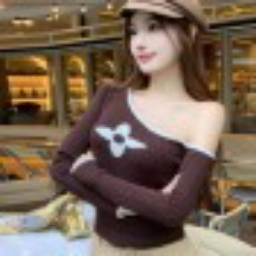 

Чистый и сексуальный трикотажный свитер с открытыми плечами и цветными блоками для женщин, новый осенний стиль, облегающий и модный базовый свитер One size хаки