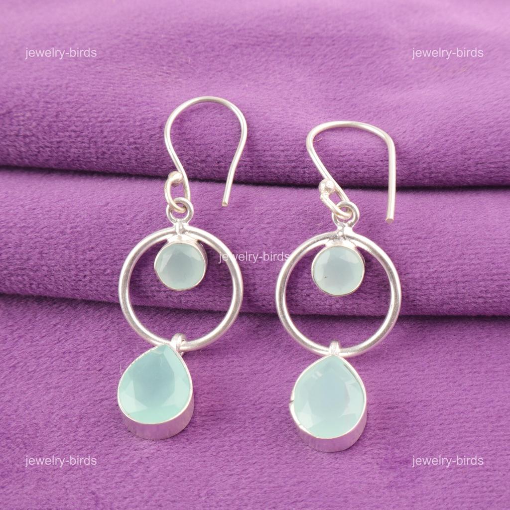 Aqua Chalcedony Gemstone Sterling Silver Drop Dangle Wedding Earrings Jewelry EE-140-6