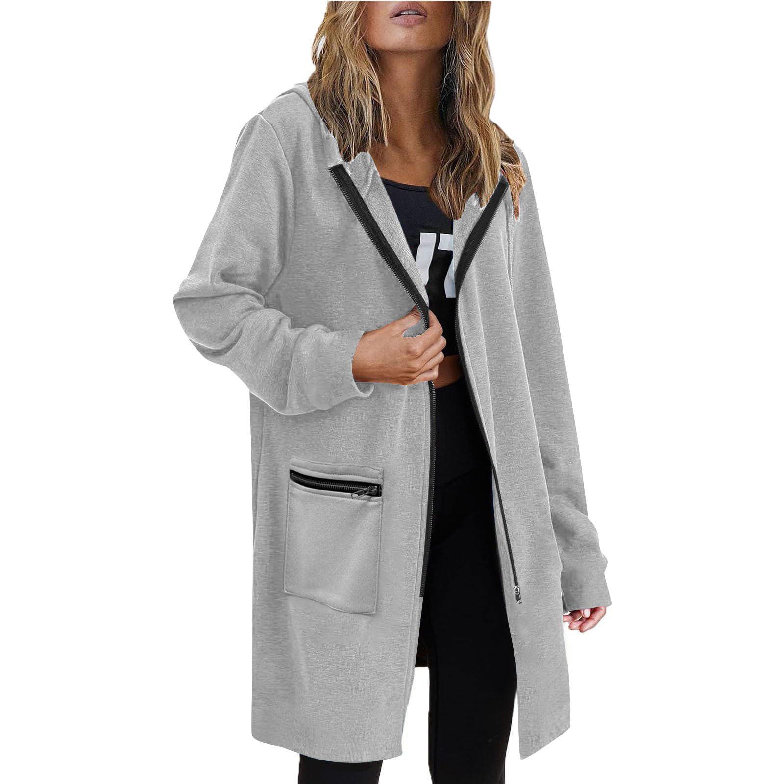 

Женское модное однотонное пальто с длинными рукавами и карманами, длинные худи на молнии, повседневные куртки, толстовки, одежда XL