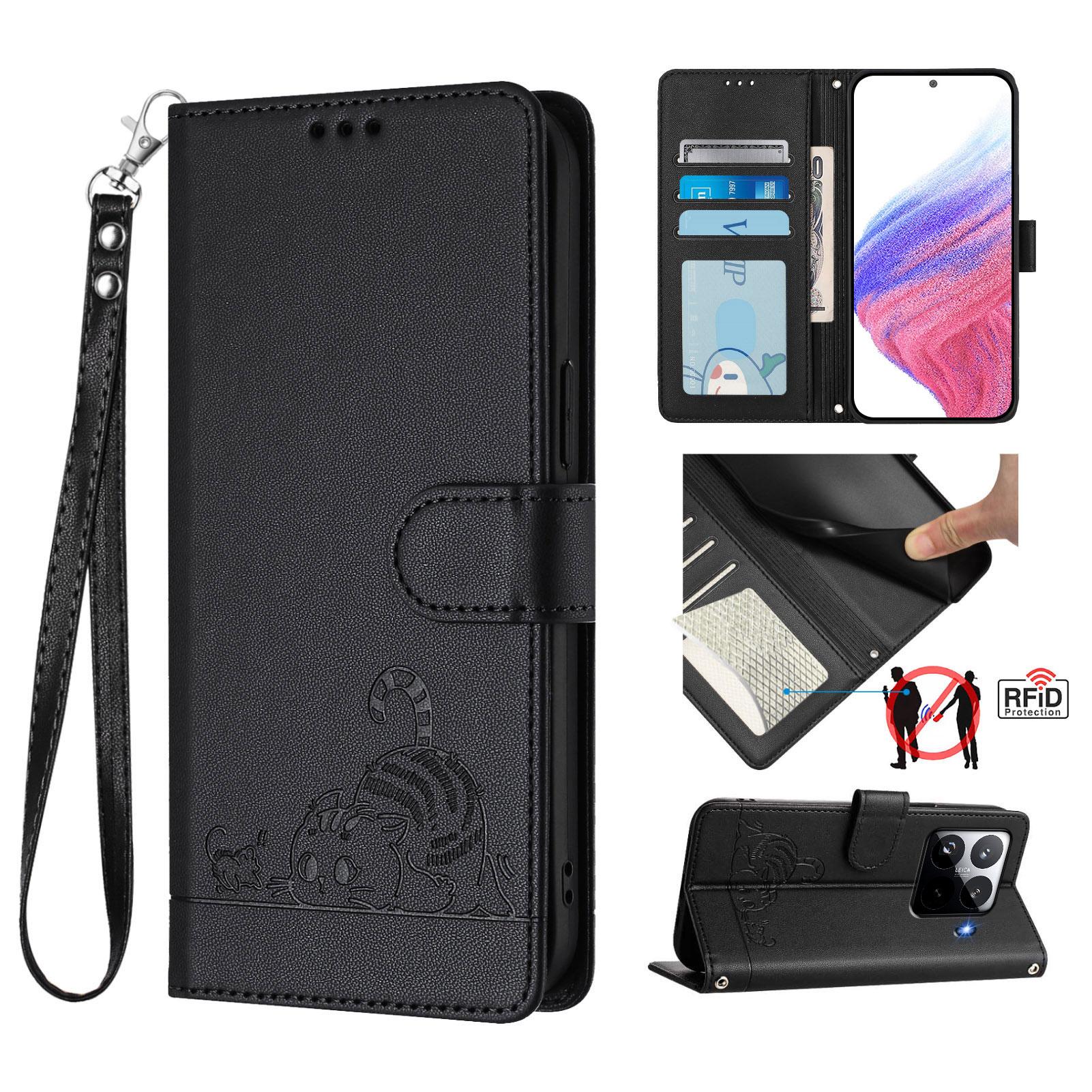 

For Xiaomi 15 Pro Case with Strap RFID Blocking Leather Wallet Phone Cover Cat Mouse Pattern Black
