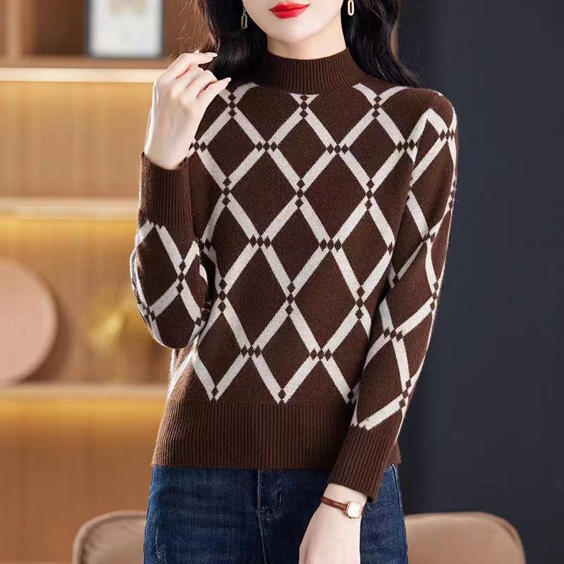Half High Neck Sweater Women's Autumn and Winter Fashion Diamond Knit Sweater Top with Pullover Short Base Shirt