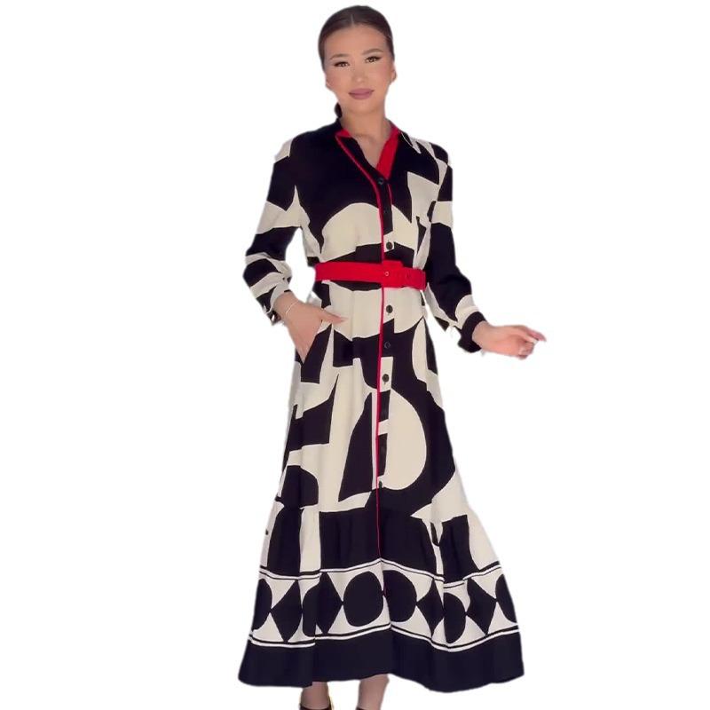 2024 Autumn Women's Fashion Color Block Print Casual Long-Sleeve Dress