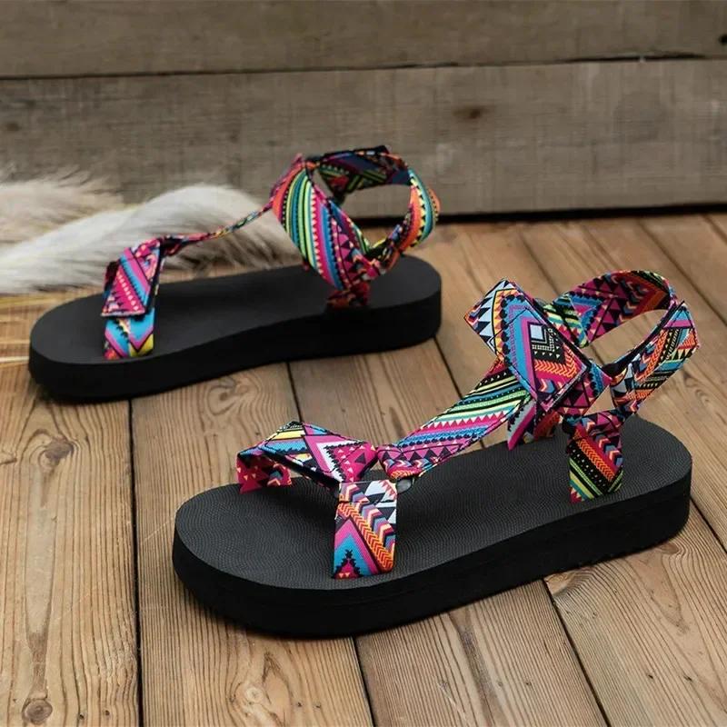 Summer Lightweight Non-slip Beach Sandals Cross Tied Patchwork Flat Sandals Women Outdoor Casual 36-43 Plus Size Women Sandals