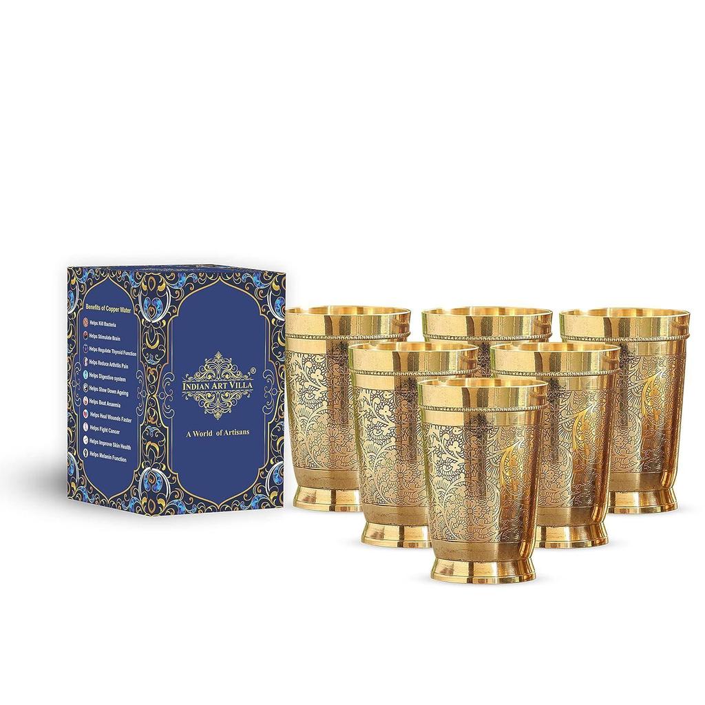 Pure Brass Glass Tumbler with Embossed Design, for Drinking Serving Water, Yoga & Ayurveda, Volume-300 ML, Set of 6