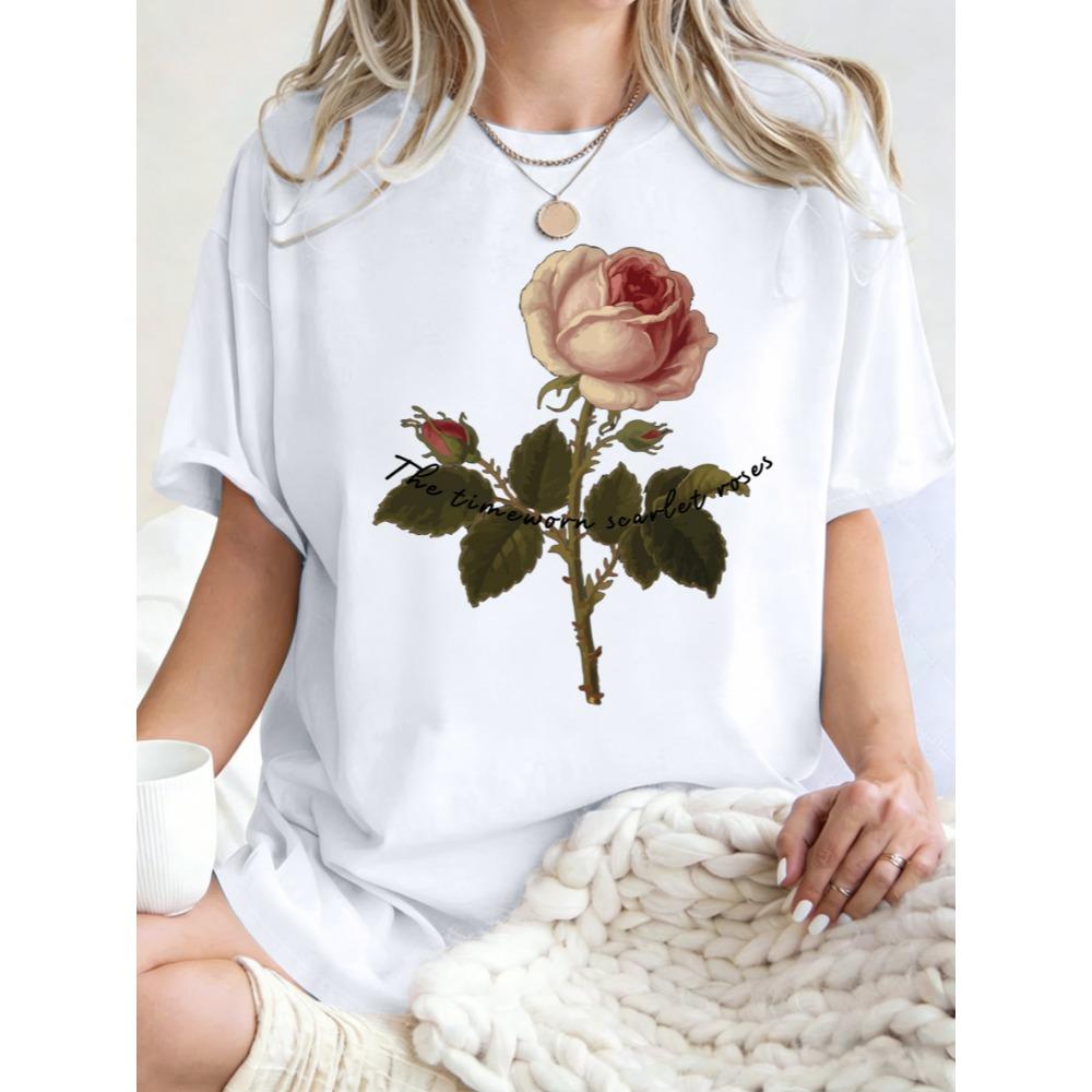 The Timeworn Scarlet Roses Design Women T-Shirt Casual Loose T Shirts Cotton Y2K Trendy Tops Comfortable Short Sleeve