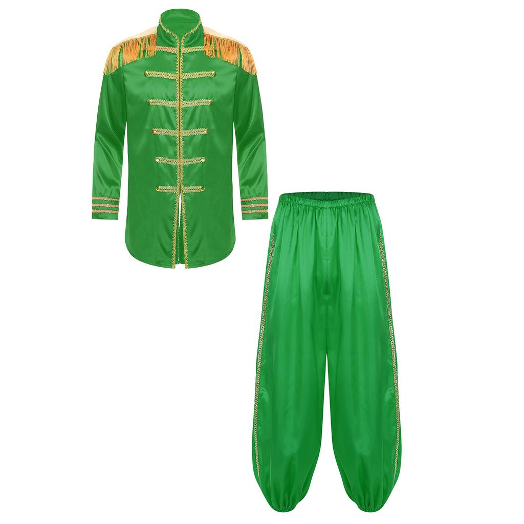 Heren Halloween Hippie Middeleeuws Lange Bovenkleding Kwast Schouderstukken Gouden Biesjes Rits Voorzijde Satijnen Jas en Broek Set