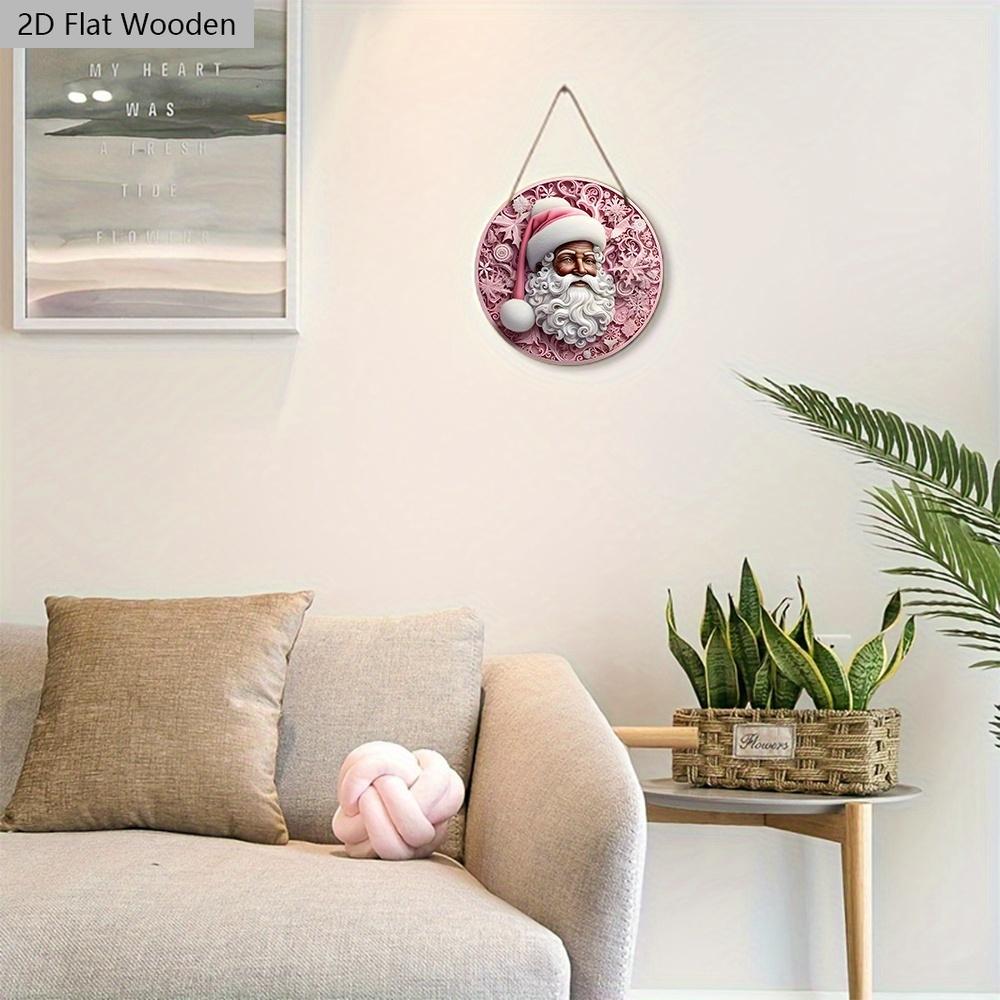 Pink Christmas Wooden Sign with Black Santa Claus Pattern - Navidad Round Sign for Door Wall Hanging Decor - Ideal Christmas Decoration