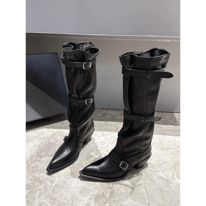 Autumn and winter new fashionable high-heeled metal belt buckle pointed western cowboy boots women's pleated thick-heeled women's boots