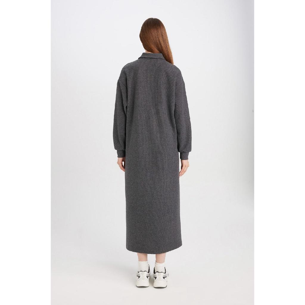 Regular Fit Buttoned Shirt Collar Basic Plain Long Sleeve Selanik Fabric Knitwear Dress B7260ax24wn