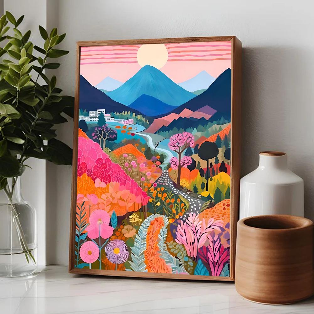 Flowers Mountain Lake Colorful Poster Nature Landscape Travel Decor Poster HD Quality Wall Art Retro Posters for Home Room Decor