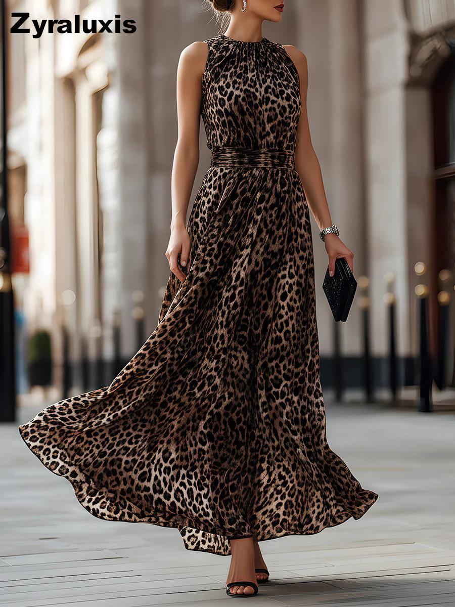 Ärmelloses Maxikleid mit Leopardenmuster und Rundhalsausschnitt - Figurbetont, Fließendes Modekleid XXL kaffeebraun