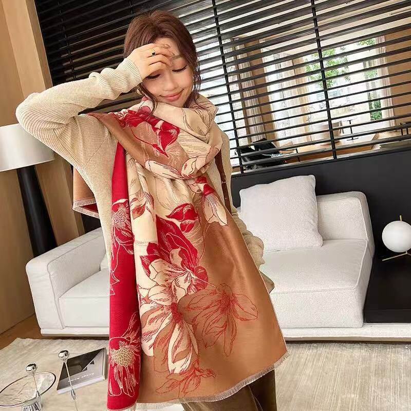Retro Contrasting Color Flower Pattern Scarf Autumn and Winter Thickened Imitation Cashmere Air-conditioned Room Warm Dual-purpose Shawl Jacquard