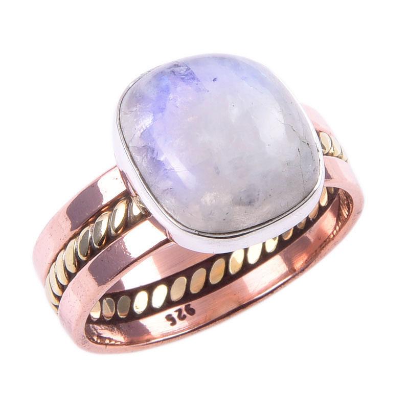 Natural Rainbow Moonstone Gemstone 925 Sterling Silver Two Tone Ring S.9.5 d2H37