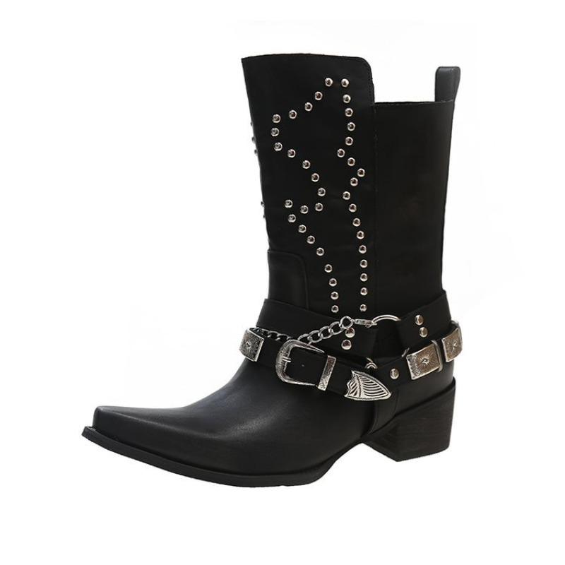 Fashion 2025 Fashion Casual Boots for Women Wide Calf Punk Black Short Metal Western Cowboy Boots with Pointed Toe Boots Zapatos Mujer