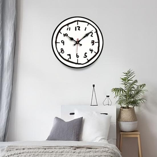 2D Flat Wooden Wall Clock Silent Quartz Movement Hand-Painted Clock Home Office Bedroom Living Room Digital Analog Clock Decoration