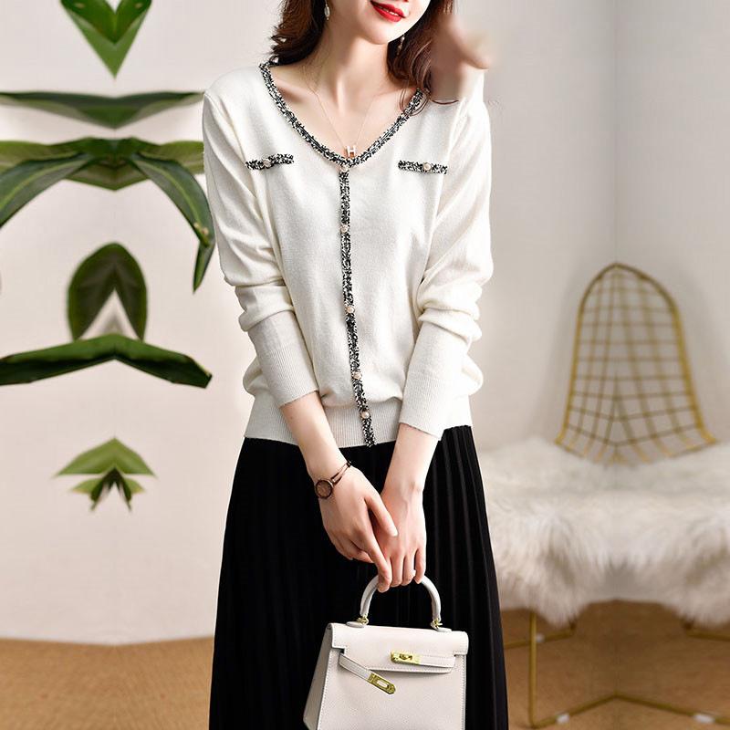 Women Summer Knitted Sweater Thin V-neck Long Sleeve Pearl Beeding Outer Wear Bottoming Shirt Solid Color Black White
