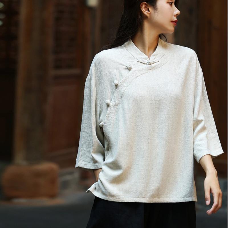 

Johnature, осенняя женская однобортная винтажная льняная рубашка с пряжкой, модный свободный повседневный воротник с длинными рукавами One Size бежевый