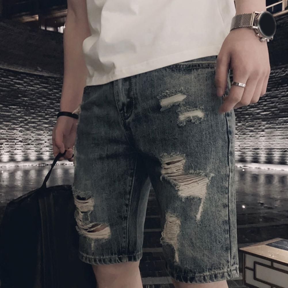 Summer Ripped Holes Denim Shorts Mid-rise Pockets Zipper Button Fly Straight Leg Knee Length Men Short Jeans Streetwear