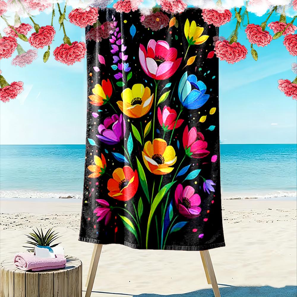 Colorful Floral Pattern On Black Background Beach Towel Quick-drying for Travel Outdoor Sports Jogging Beach and Swimming