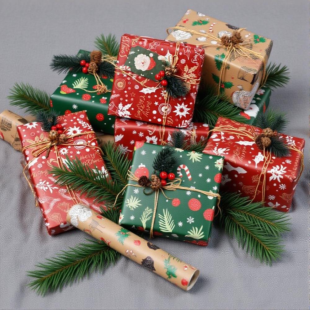 50x70cm Christmas Gift Kraft Wrapping Paper Tissue Paper Santa Claus Xmas Tree Pattern Flower Bouquet Packaging Xmas Party Decor