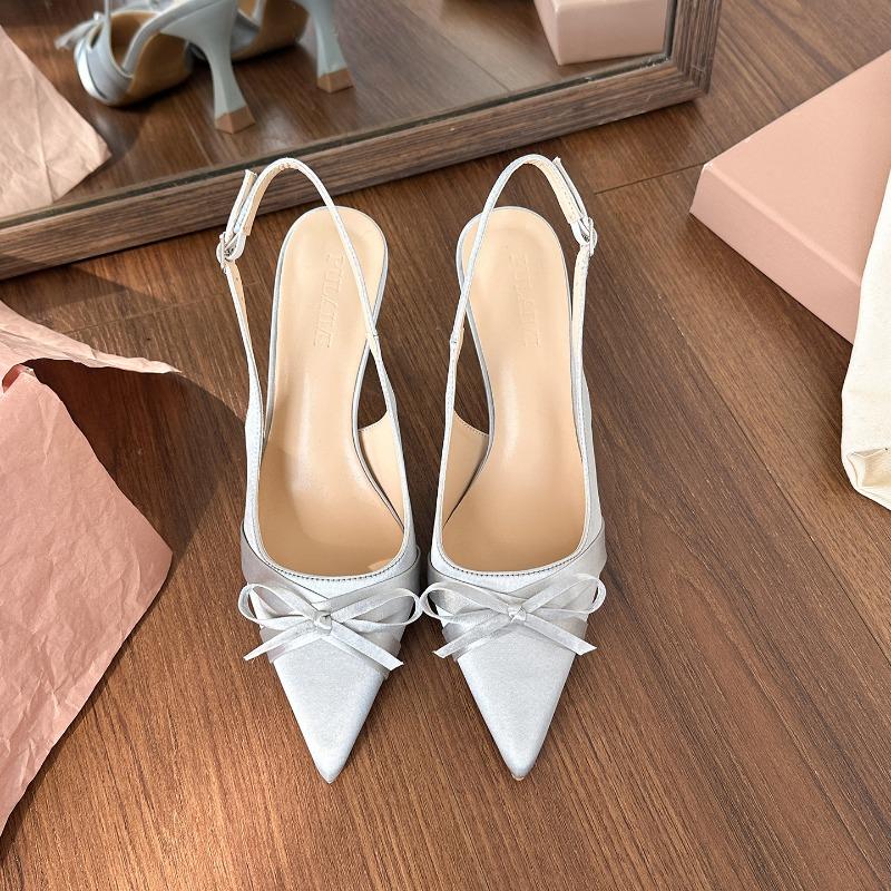 Bow Bag Head Shallow Mouth Rear Empty Sandals Women's New Satin Pointed Head Thin Heel High Heel Single Shoes