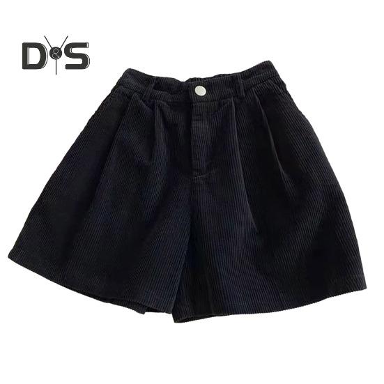 Vintage-Cord-Damen-Shorts, elastisch, hohe Taille, Knopf, Reißverschluss, Shorts, Taschen, weites Bein, kurze Hose