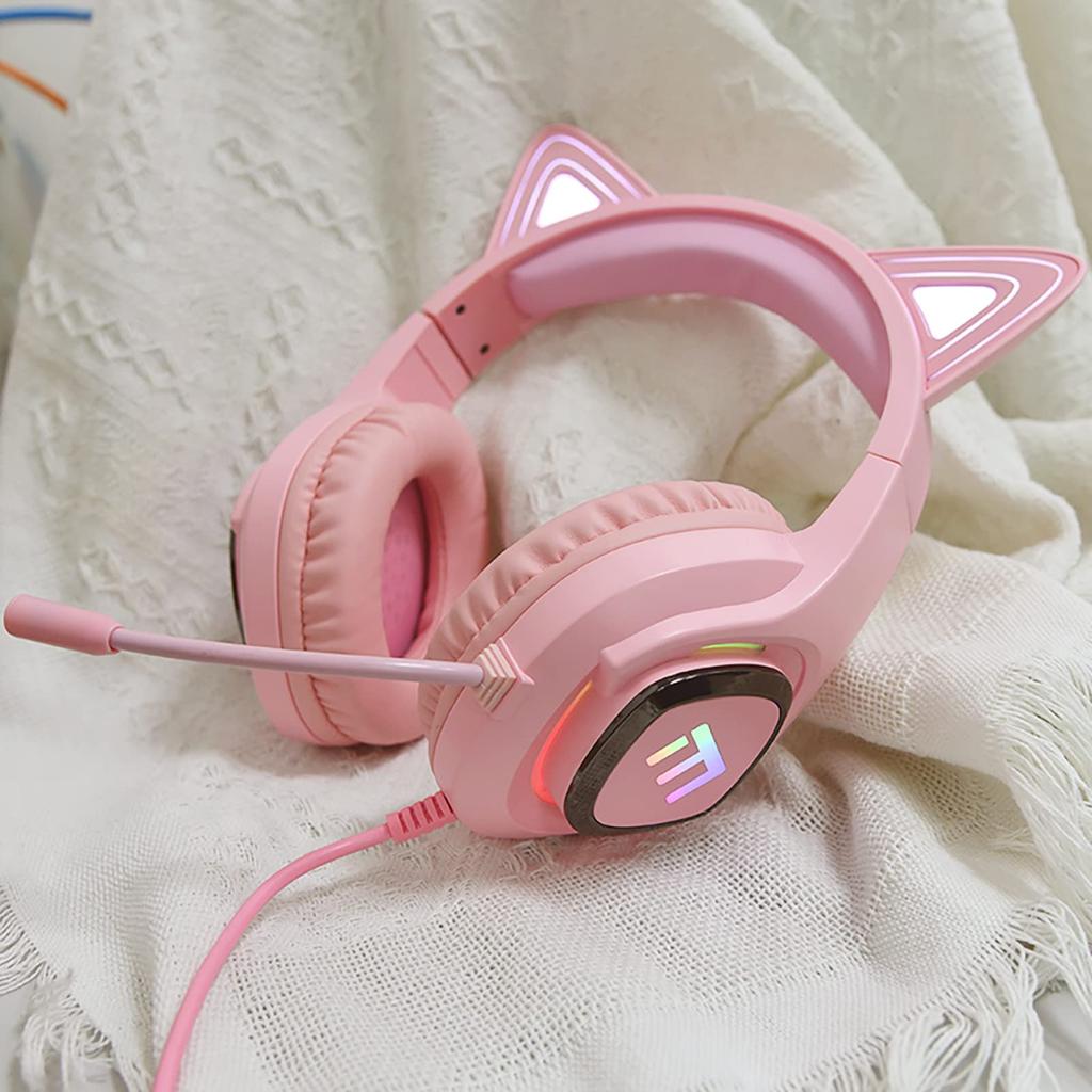 Cute Cat Ear Headset with Mic Wired Headset Colorful Lights Adjustable Headband 50mm Speakers Girls Headphones Single Audio Plug Compatible with