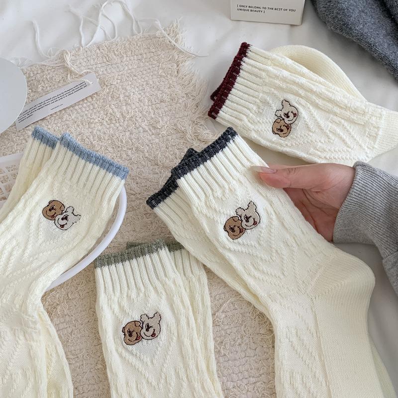 Sock Children's Cute Cartoon Embroidered Puppy Mid-length Socks with Contrasting Color Snap-on Double-needle Pile-up Design for Autumn and Winter