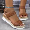 Straw hemp rope wedge heel light sandals women's thick sole one-word buckle beach sandals