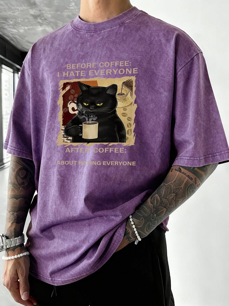 Cats Love To Drink Coffee Print Men Washed TShirt Casual Loose T Shirts Summer Cotton Streetwear Soft Breathable Short Sleeve