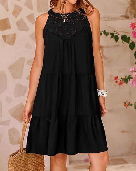 Damen Sommer Freizeit Neckholder Kleid Häkel Hohl A-Linie Strand Sommerkleider