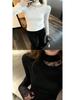 Women's Slim-Fit Fleece-Lined Black High-Neck T-Shirt with Lace Splicing Sleeves, Ideal for Autumn and Winter